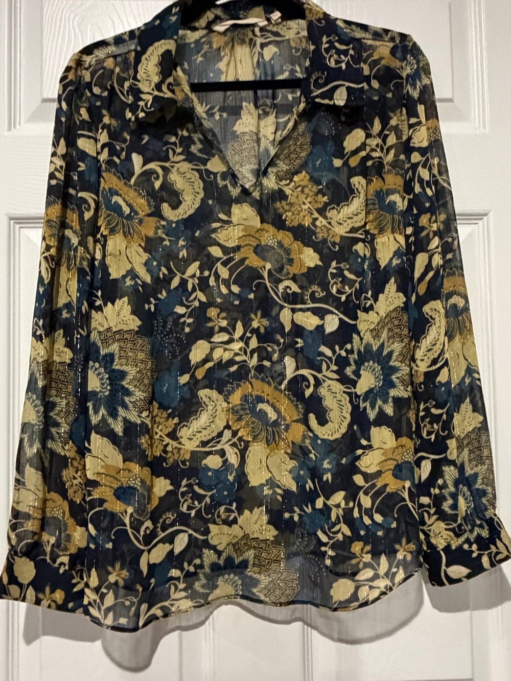 Soft Surroundings Navy and Gold Floral Sheer Button-Down Blouse